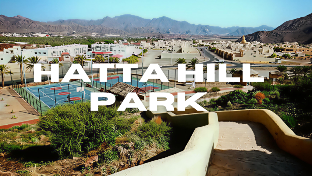 Hatta Hill Park with panoramic views of the town, featuring a shaded seating area and recreational court.